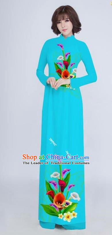 Top Grade Asian Vietnamese Costumes Classical Jing Nationality Long Cheongsam, Vietnam National Clothing Vietnamese Bride Traditional Printing Flowers Blue Ao Dai Dress