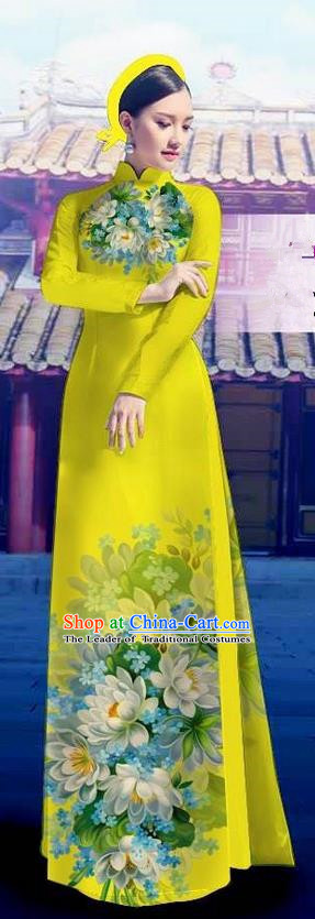 Top Grade Asian Vietnamese Costumes Classical Jing Nationality Long Yellow Cheongsam, Vietnam National Clothing Vietnamese Bride Traditional Printing Flowers Ao Dai Dress