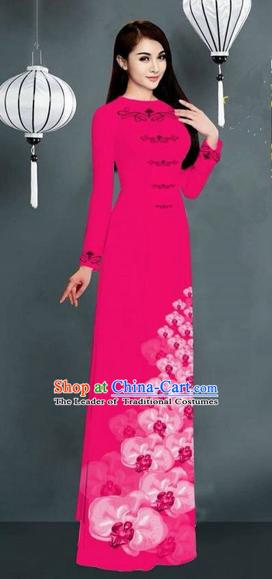 Traditional Top Grade Asian Vietnamese Jing Nationality Ha Festival Long Ao Dai Dress, Vietnam National Bride Printing Rosy Stand Collar Cheongsam Costumes for Women