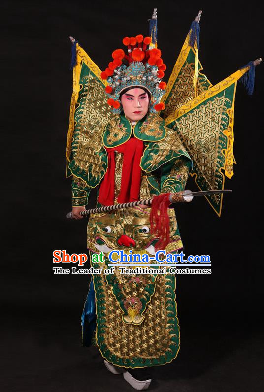 Traditional Chinese Beijing Opera Military Officer Armour Green Clothing and Boots Complete Set, China Peking Opera Martial General Role Costume Embroidered Opera Tiger Head Costumes