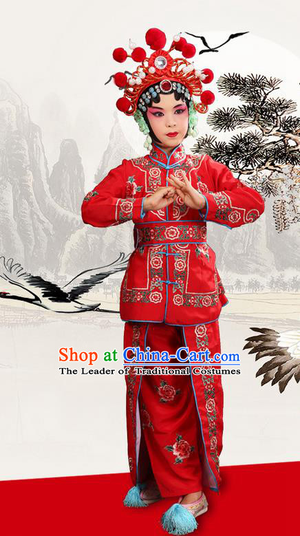 Traditional Chinese Beijing Opera Magic Warriors Red Clothing and Shoes Complete Set, China Peking Opera Women Pawn Dress Costume Embroidered Opera Costumes for Kids