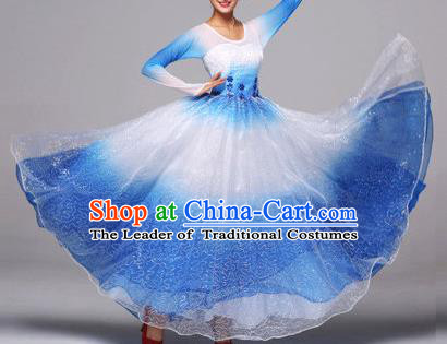 Top Grade Compere Professional Compere Costume, Chorus Dress Modern Opening Dance Big Swing Blue Dress for Women