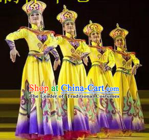 Traditional Chinese Mongol Nationality Dancing Costume, Mongols Female Folk Dance Ethnic Dress, Chinese Mongolian Minority Nationality Embroidery Clothing for Women