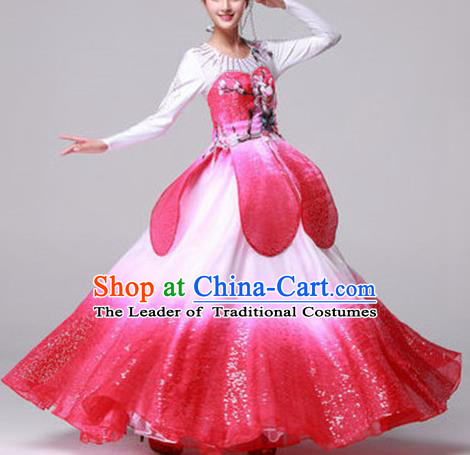 Top Grade Compere Professional Compere Costume, Ballroom Dance Dress Opening Dance Lotus Dance Big Swing Pink Dress for Women