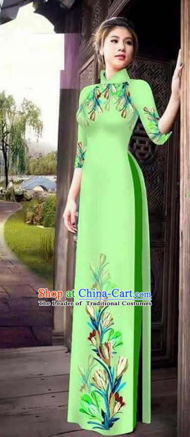 Traditional Top Grade Asian Vietnamese Ha Festival Printing Ao Dai Dress, Vietnam Women National Jing Nationality Princess Light Green Cheongsam Bride Costumes
