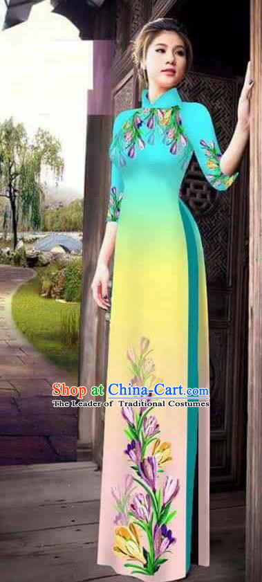Traditional Top Grade Asian Vietnamese Ha Festival Printing Ao Dai Dress, Vietnam Women National Jing Nationality Princess Light Blue Cheongsam Bride Costumes