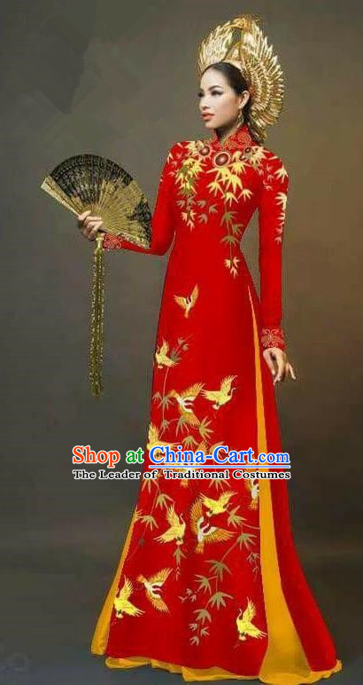 Traditional Top Grade Asian Vietnamese Ha Festival Printing Cranes Ao Dai Dress, Vietnam Women National Jing Nationality Queen Red Cheongsam Bride Costumes