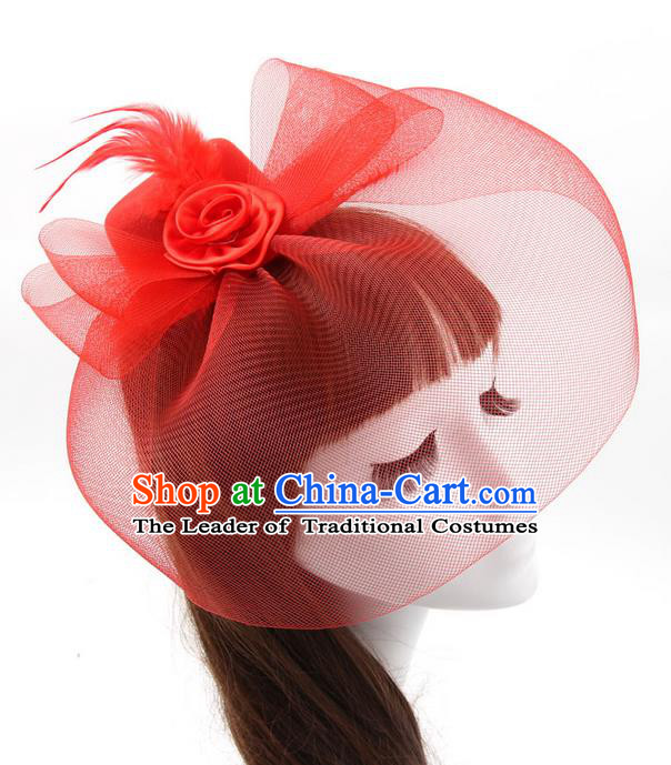 Top Modern Dance Hair Accessories, Female Red Veil Top Hat Ornament Headband for Women