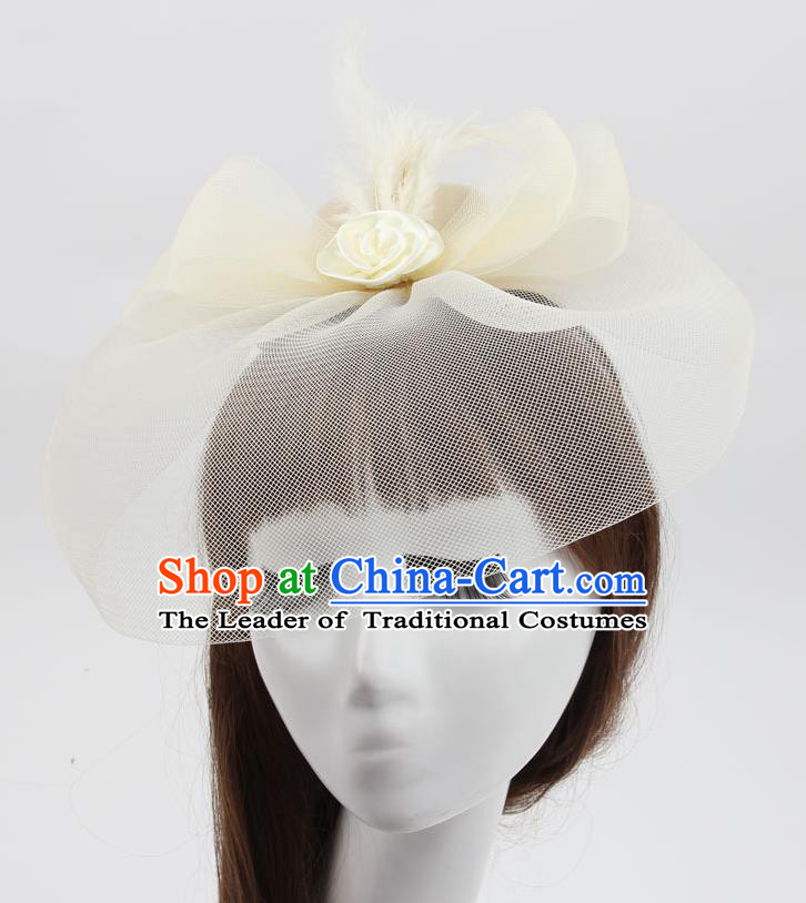 Top Modern Dance Hair Accessories, Female Beige Veil Top Hat Ornament Headband for Women