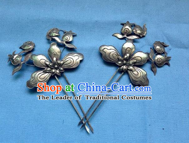 Traditional Handmade Chinese Ancient Classical Hanfu Hair Accessories Barrettes Miao Sliver Step Shake, Hair Sticks Hair Fascinators Hairpins for Women