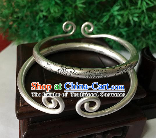 Traditional Chinese Miao Nationality Accessories Bracelet, Hmong Female Ethnic Pure Sliver Inhibiting Magic Phrase Bangle for Women