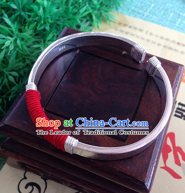 Traditional Chinese Miao Nationality Accessories Bracelet, Hmong Female Ethnic Pure Sliver Phoenix Bangle for Women