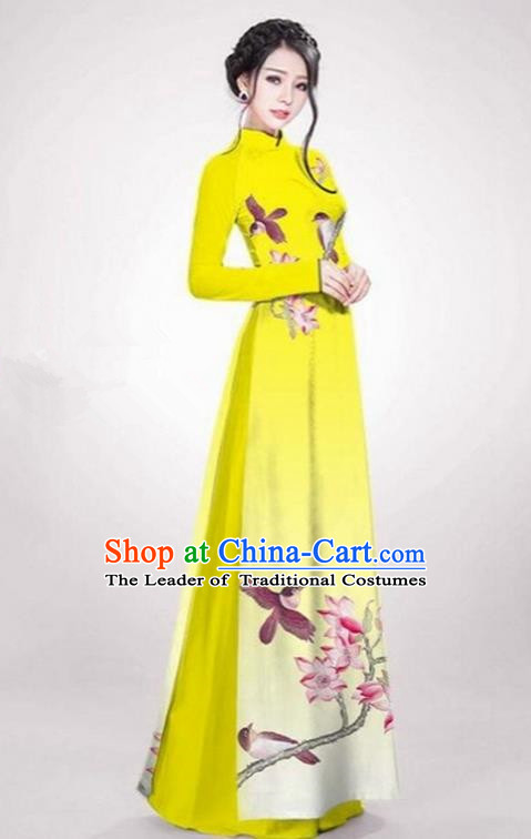 Traditional Top Grade Asian Vietnamese Costumes Dance Dress and Loose Pants,  Vietnam National Female Handmade Yellow Ao Dai Dress Cheongsam Clothing for  Women