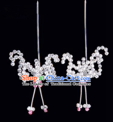 Chinese Ancient Peking Opera Hair Accessories Young Lady Headwear, Traditional Chinese Beijing Opera Head Ornaments Hua Tan Pink Crystal Bat Hairpins