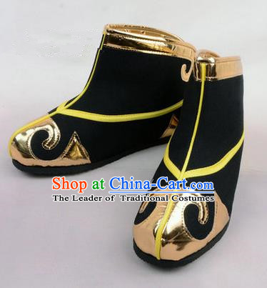 Chinese Ancient Peking Opera Martial Role Boots, Traditional China Beijing Opera Male Black Embroidered Shoes