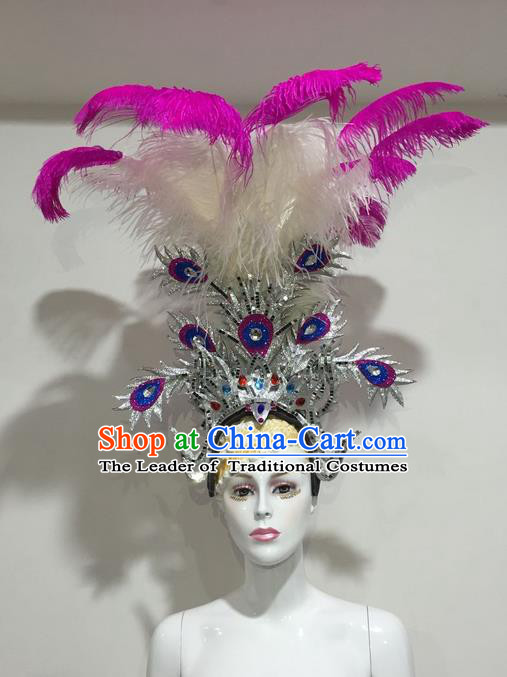 Top Grade Professional Stage Show Halloween Headpiece Feather Exaggerate Hat, Brazilian Rio Carnival Samba Opening Dance Purple Headwear for Women