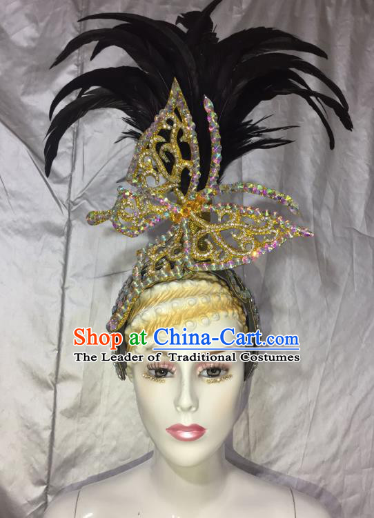 Top Grade Professional Stage Show Halloween Feather Headpiece Golden Exaggerate Hat, Brazilian Rio Carnival Samba Opening Dance Hair Accessories Headwear for Women