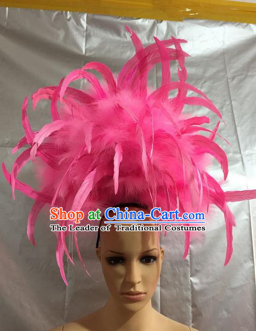 Top Grade Professional Stage Show Crystal Halloween Headpiece Hat, Brazilian Rio Carnival Samba Opening Dance Pink Feather Headwear for Women