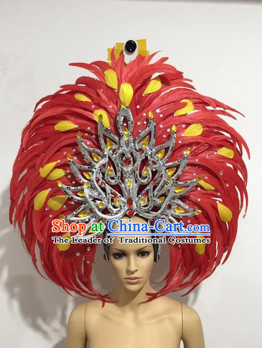 Top Grade Professional Stage Show Giant Headpiece Red Feather Big Hair Accessories Decorations, Brazilian Rio Carnival Samba Opening Dance Hat Headwear for Women