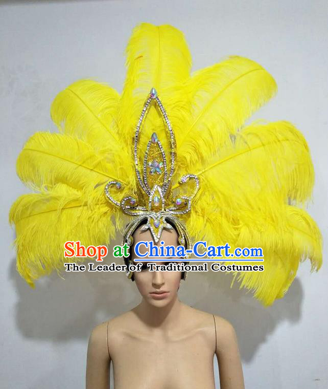 Top Grade Professional Stage Show Giant Headpiece Parade Big Hair Accessories Decorations, Brazilian Rio Carnival Samba Opening Dance Yellow Feather Headdresses for Women