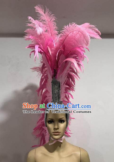 Top Grade Professional Stage Show Giant Headpiece Pink Feather Hair Accessories Decorations, Brazilian Rio Carnival Samba Opening Dance Soldier Helmet Headwear for Women