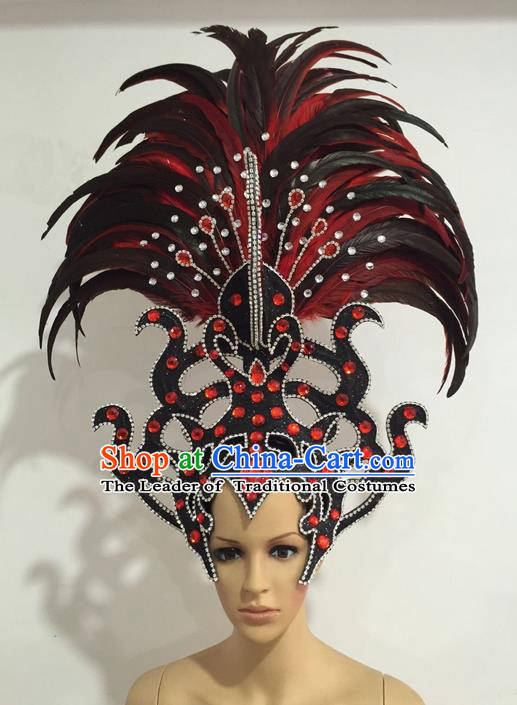 Top Grade Professional Stage Show Giant Headpiece Parade Giant Crystal Hair Accessories Feather Decorations, Brazilian Rio Carnival Samba Opening Dance Headwear for Women