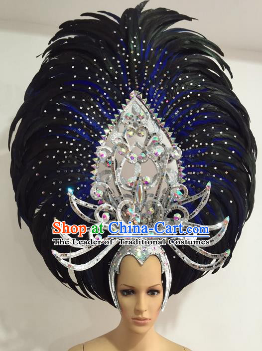 Top Grade Professional Stage Show Giant Headpiece Parade Giant Crystal Hair Accessories Blue Feather Queen Decorations, Brazilian Rio Carnival Samba Opening Dance Headwear for Women