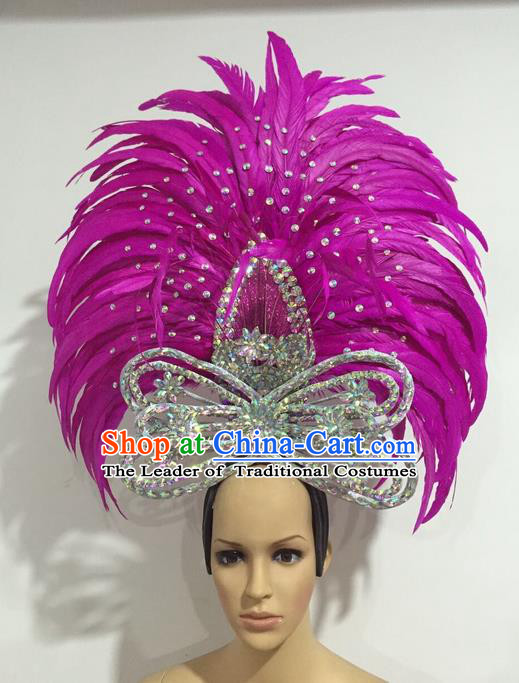Top Grade Professional Stage Show Giant Headpiece Parade Giant Crystal Hair Accessories Rosy Feather Queen Decorations, Brazilian Rio Carnival Samba Opening Dance Headwear for Women