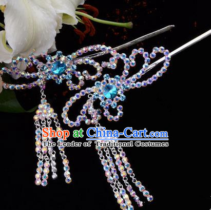 Chinese Ancient Peking Opera Hair Accessories Young Lady Diva Blue Phoenix Tassel Hairpins, Traditional Chinese Beijing Opera Hua Tan Colorful Colorful Crystal Head Ornaments