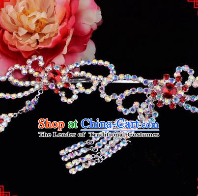 Chinese Ancient Peking Opera Hair Accessories Young Lady Diva Red Phoenix Tassel Hairpins, Traditional Chinese Beijing Opera Hua Tan Colorful Colorful Crystal Head Ornaments