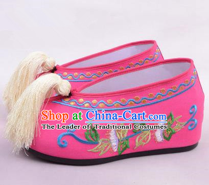 Chinese Ancient Peking Opera Young Lady Bride Embroidered Hua Tan Shoes, Traditional China Beijing Opera Princess Wedding Rosy Embroidered Increase Shoes