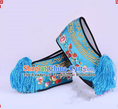 Chinese Ancient Peking Opera Young Lady Bride Embroidered Flowers Hua Tan Shoes, Traditional China Beijing Opera Princess Wedding Blue Embroidered Increase Shoes
