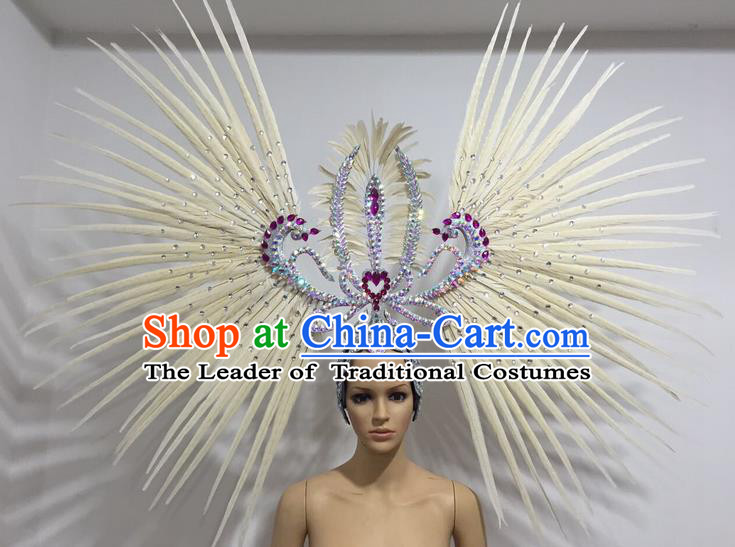 Top Grade Professional Stage Show Giant Headpiece Parade Hair Accessories Decorations, Brazilian Rio Carnival Samba Opening Dance White Feather Headdress for Women