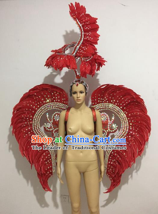 Top Grade Professional Stage Show Halloween Props Wings and Headpiece, Brazilian Rio Carnival Parade Samba Opening Dance Red Feather Backplane for Women