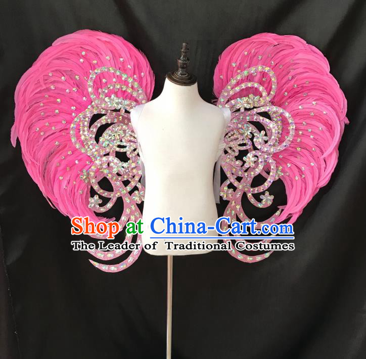 Top Grade Professional Stage Show Halloween Props Wings and Headpiece, Brazilian Rio Carnival Parade Samba Dance Modern Fancywork Pink Feather Backplane for Kids
