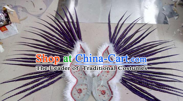 Top Grade Professional Stage Show Halloween Props Decorations Wings, Brazilian Rio Carnival Parade Samba Dance Purple Long Feather Catwalks Backplane for Women