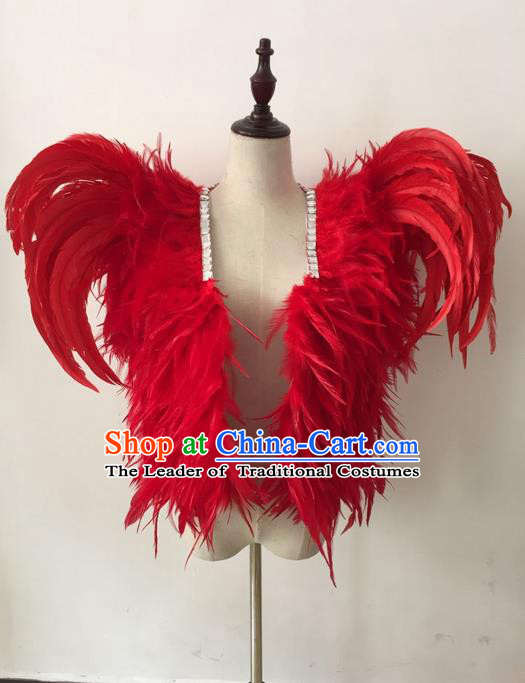 Top Grade Professional Stage Show Halloween Parade Costumes, Brazilian Rio Carnival Parade Samba Dance Catwalks Red Feather Clothing for Kids
