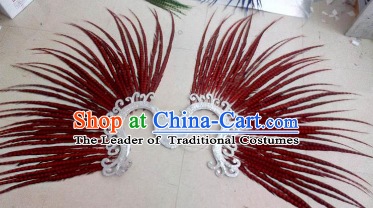 Top Grade Professional Stage Show Halloween Props Decorations, Brazilian Rio Carnival Parade Samba Dance Red Feather Catwalks Backplane for Women
