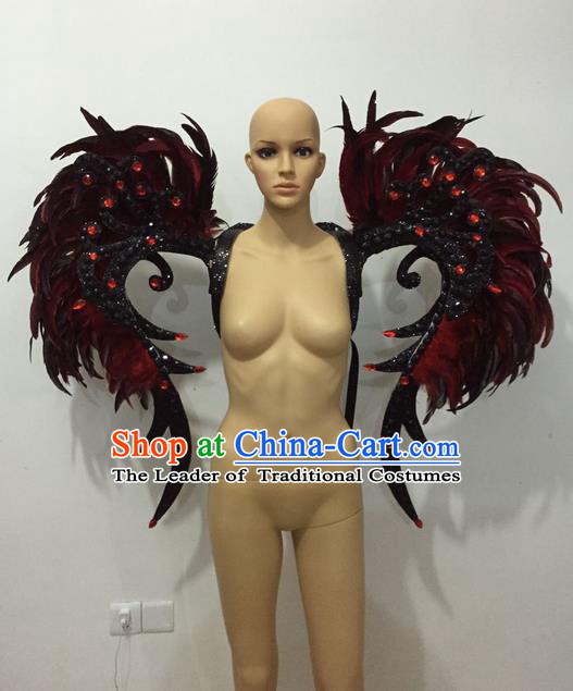 Top Grade Professional Stage Show Halloween Parade Props Decorations Deluxe Wings, Brazilian Rio Carnival Parade Samba Dance Black Feather Backplane for Women