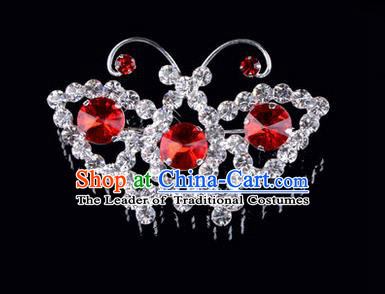 Chinese Ancient Peking Opera Jewelry Accessories Young Lady Diva Butterfly Brooch, Traditional Chinese Beijing Opera Hua Tan Red Crystal Breastpin