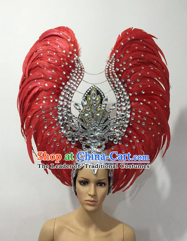 Top Grade Professional Stage Show Halloween Parade Red Feather Deluxe Hair Accessories, Brazilian Rio Carnival Samba Dance Modern Fancywork Headwear for Women