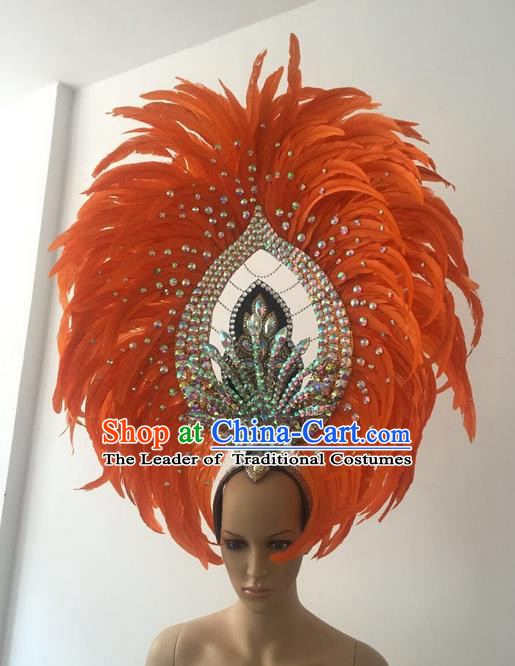 Top Grade Professional Stage Show Halloween Parade Orange Feather Deluxe Hair Accessories, Brazilian Rio Carnival Samba Dance Modern Fancywork Crystal Headwear for Women