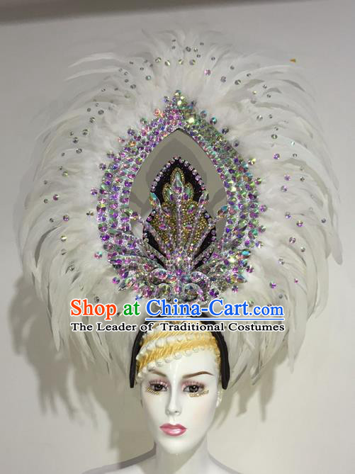 Top Grade Professional Stage Show Halloween Parade White Feather Deluxe Hair Accessories, Brazilian Rio Carnival Samba Dance Modern Fancywork Crystal Headwear for Women