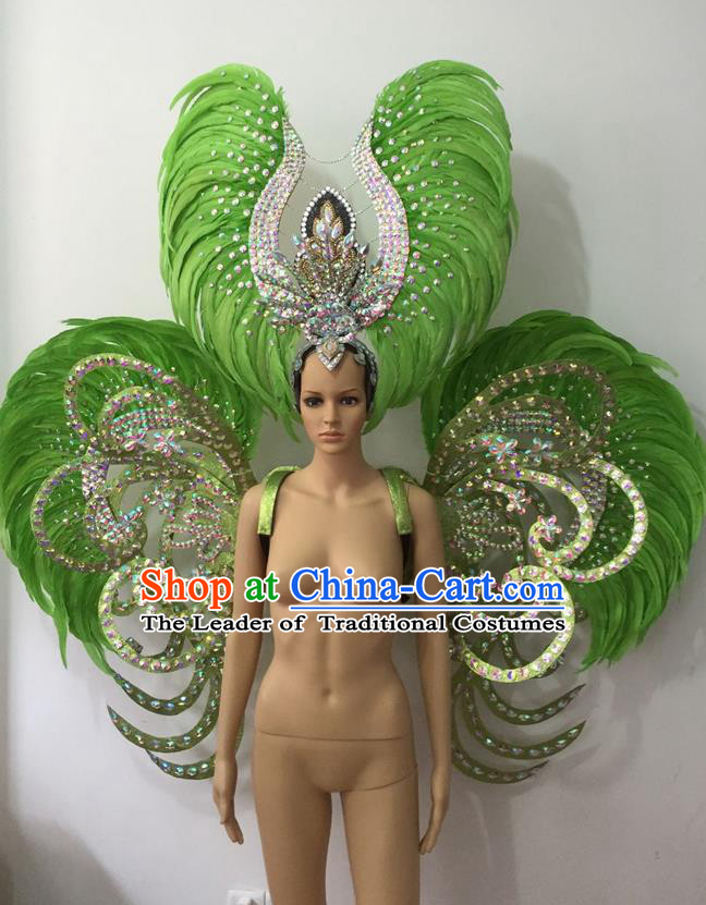 Top Grade Professional Stage Show Halloween Parade Green Feather Deluxe Butterfly Wings and Hair Accessories, Brazilian Rio Carnival Samba Dance Modern Fancywork Backplane for Women