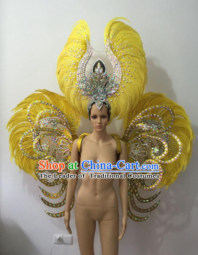 Top Grade Professional Stage Show Halloween Parade Yellow Feather Deluxe Butterfly Wings and Hair Accessories, Brazilian Rio Carnival Samba Dance Modern Fancywork Backplane for Women