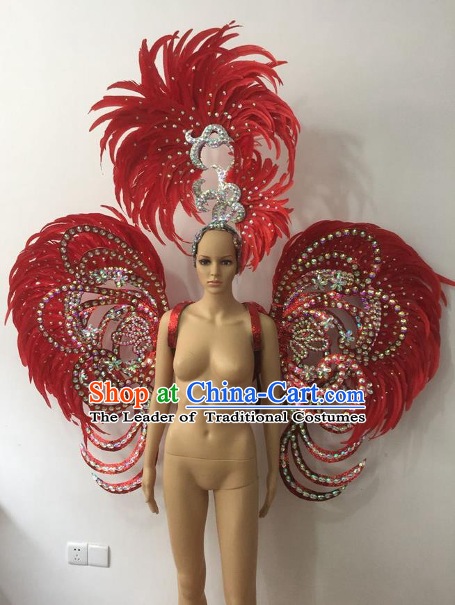 Top Grade Professional Stage Show Halloween Parade Red Feather Deluxe Butterfly Wings and Hair Accessories, Brazilian Rio Carnival Samba Dance Modern Fancywork Backplane for Women