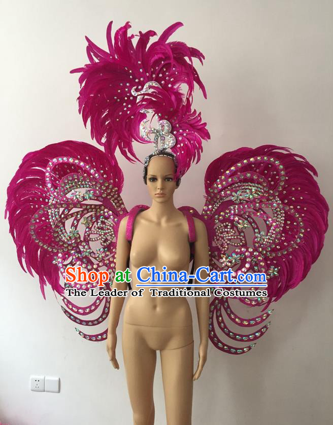 Top Grade Professional Stage Show Halloween Parade Rosy Feather Deluxe Butterfly Wings and Hair Accessories, Brazilian Rio Carnival Samba Dance Modern Fancywork Backplane for Women
