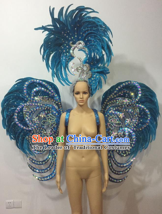 Top Grade Professional Stage Show Halloween Parade Blue Feather Deluxe Butterfly Wings and Hair Accessories, Brazilian Rio Carnival Samba Dance Modern Fancywork Backplane for Women