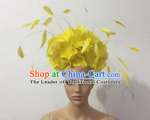 Top Grade Professional Stage Show Halloween Parade Yellow Feather Deluxe Hair Accessories, Brazilian Rio Carnival Samba Dance Modern Fancywork Headpiece for Women