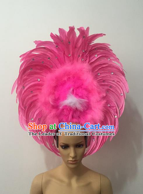 Top Grade Professional Stage Show Halloween Parade Pink Feather Headwear, Brazilian Rio Carnival Samba Dance Modern Fancywork Hair Accessories Headpiece for Women